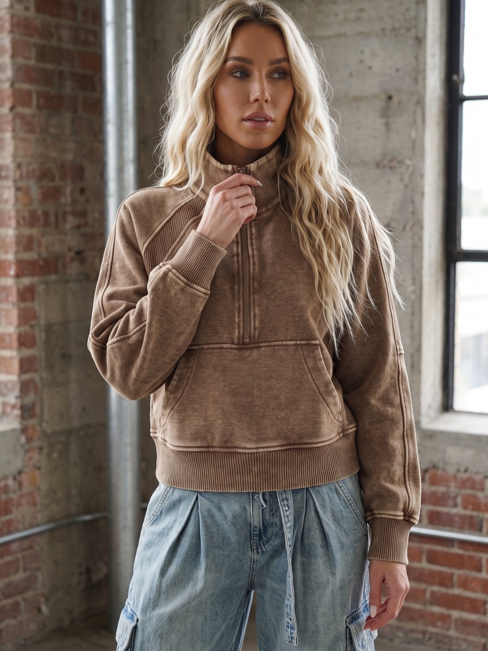 NWT Acid Washed Half Zip Fleece Pullover Kangaroo Pocket Pullover Scuba Mocha - Picture 6 of 7